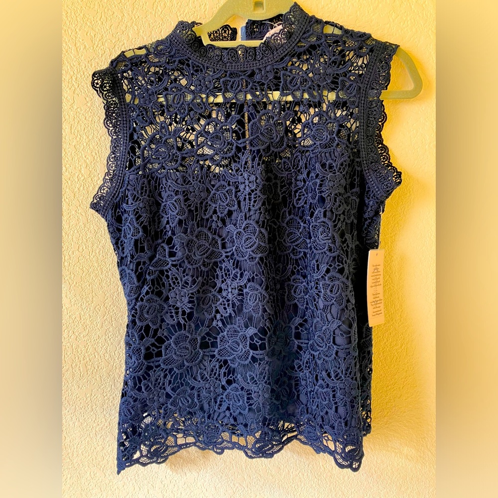 Nanette Lepore Navy Blue Lace Top Medium NWT
